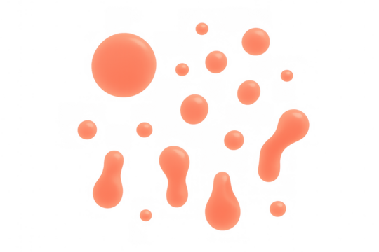 Coral pink liquid droplets cascading dynamically, varying in size, splashing against translucent surface with fluid motion