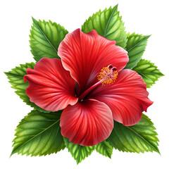 A vibrant red hibiscus flower isolated on transparent background, showcasing its tropical beauty with lush green leaves and intricate petal details