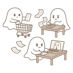 Cute Cartoon Ghosts Doing Everyday Human Tasks  Funny Vector Scene
