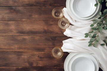 flat-lay from above of elegant table setting with linen napkins fine porcelain dishes glassware arranged symmetrically