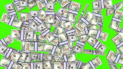 Illustration of a stack of US dollars falling onto the camera. Green screen background 4k animation footage