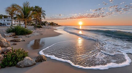 Golden sunset on tranquil beach with gentle ocean waves high resolution image