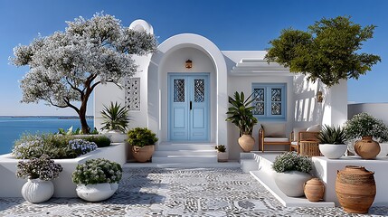 Greek island courtyard with mosaic flooring and sunlight high resolution image
