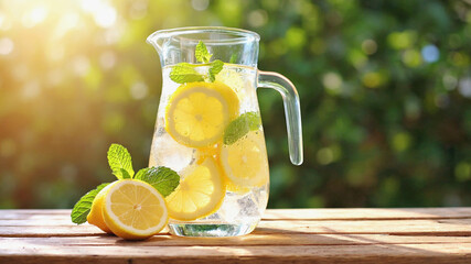 Clear Pitcher of Fresh Lemonade with Sliced Lemons, Mint, and Sparkling Ice