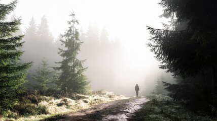 Summer forest landscape at sunrise with a person walking through fog Generative AI