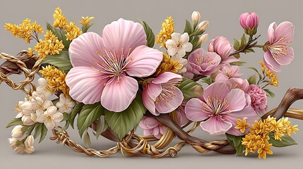 Handcrafted floral art with cherry blossoms and golden flowers high resolution photo