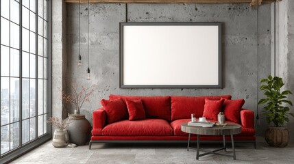 Red sofa in a loft-style living room
