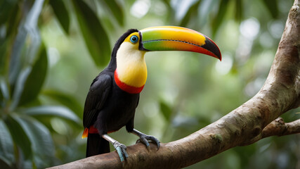 Fototapeta premium A colorful bird with a long beak is perched on a tree branch