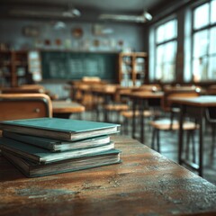 Stack of Notebooks in Empty Classroom