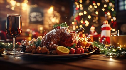 Festive Holiday Dinner Table with Roast Turkey and Decorations