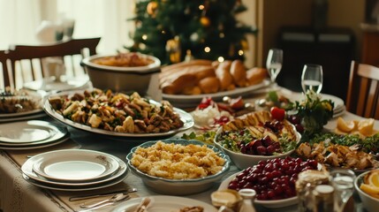 Obraz premium Festive Table Display with Assorted Dishes and Decorations
