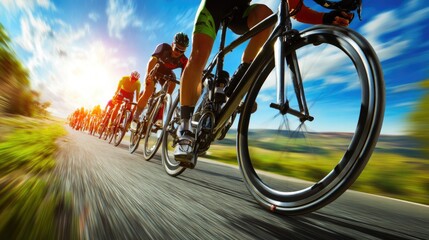Intense road cycling race at sunset