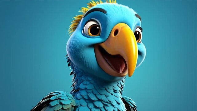 A smiling blue cartoon parrot with yellow crest and beak, soft focus