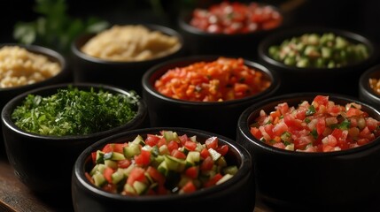 Fototapeta premium Colorful Assortment of Fresh Chopped Vegetables in Bowls