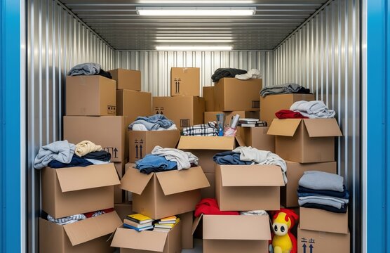 Secured blue storage unit with cardboard boxes indicates moving house, storing personal belongings, or downsizing cluttered home