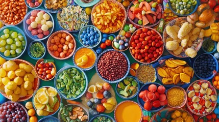 Colorful Assortment of Fresh Fruits and Vegetables in Bowls