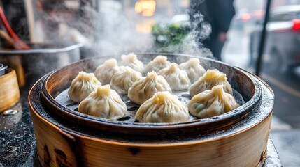 Delicious Dumplings Steaming in a Bamboo Basket on a City Street
