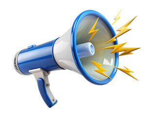 A blue and white megaphone emits bright yellow lightning bolts, symbolizing a powerful announcement or alert isolated on transparent background