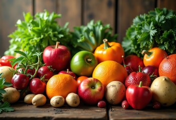 vibrant seasonal produce bounty artfully arranged rustic wooden table stunning colors fresh vegetables fruits natural display, arrangement, harvest, shop