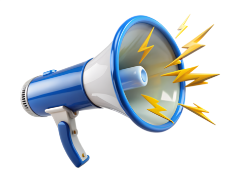 A blue and white megaphone emits bright yellow lightning bolts, symbolizing a powerful announcement or alert isolated on transparent background