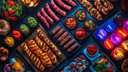 Fototapeta premium Colorful Spread of Grilled Meats and Fresh Ingredients on Table