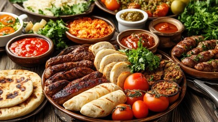 Colorful Spread of Grilled Meats and Fresh Vegetables on Table