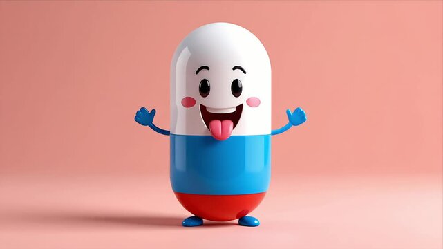 A smiling cartoon pill with arms, tongue out, in front of a pink background
