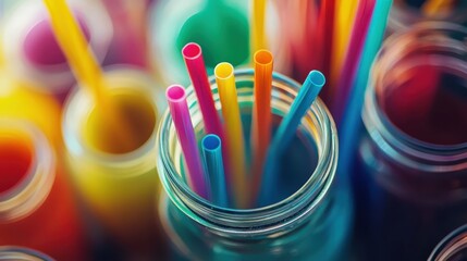 Obraz premium Colorful Straws in Jars Surrounded by Vibrant Background Colors