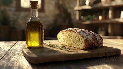 Naklejka premium Fresh Bread and Olive Oil on Wooden Cutting Board in Rustic Kitchen