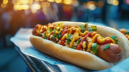 Gourmet Hot Dog with Toppings Served at Street Food Festival