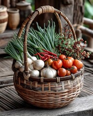 Harvested vegetables arranged beautifully in basket high resolution picture