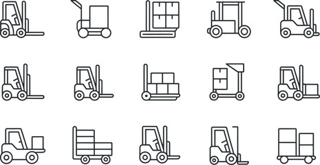 Forklift Icon Set:  Black Line Art, Industrial, Logistics, Warehouse, Transportation.