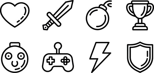 Bold Line Art Game Icons:  Heart, Sword, Bomb, Trophy, Joystick, Shield