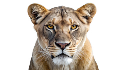 A powerful lioness with piercing yellow eyes stares intently forward, isolated on a clean transparent background