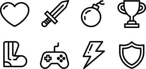 Obraz premium Bold Black Line Icons: Game, Heart, Sword, Trophy, Power, Boot