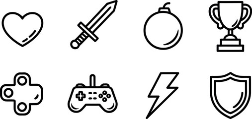Bold Line Art Game Icons:  Heart, Sword, Bomb, Trophy, Controller, Lightning, Shield.