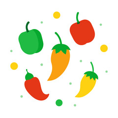 Colorful flat design peppers and circles scattered on white background