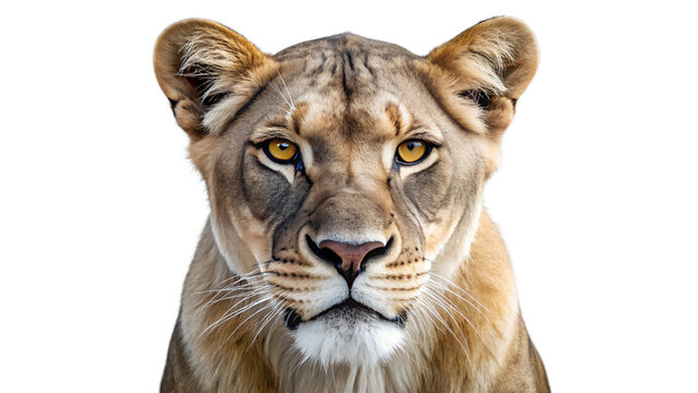 A powerful lioness with piercing yellow eyes stares intently forward, isolated on a clean transparent background - Powered by Adobe