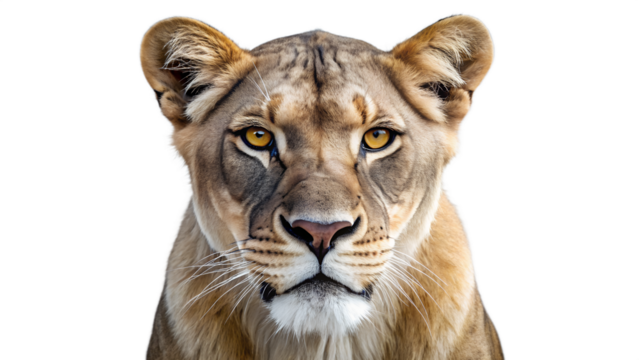 A powerful lioness with piercing yellow eyes stares intently forward, isolated on a clean transparent background