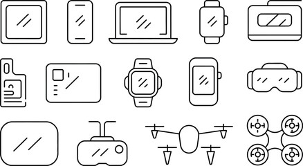 Modern Technology Line Icons: Smartphone, Laptop, Smartwatch, VR Headset, Drone