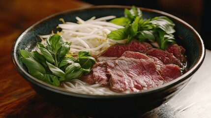 Fototapeta premium Delicious Vietnamese Pho with Fresh Herbs and Tender Beef Slices