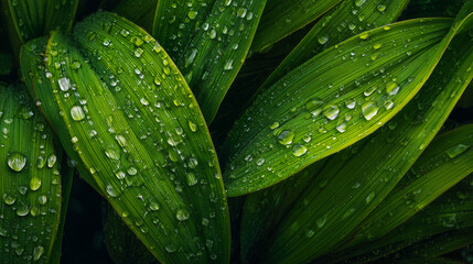 Obraz premium Green leaves with water droplets.
