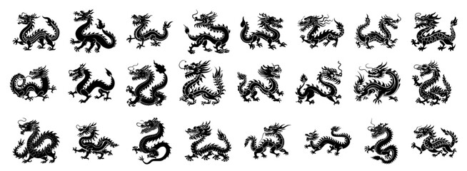 Naklejka premium Collection of majestic dragon designs with intricate details and varying poses, perfect for diverse creative projects and symbol representing power.
