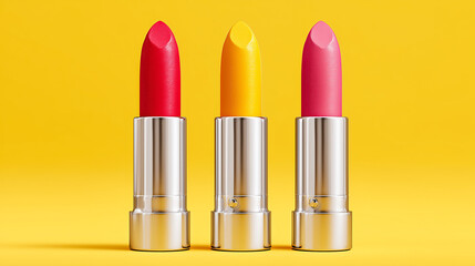Obraz premium Four colorful lipsticks standing upright on a yellow background, arranged in a row.