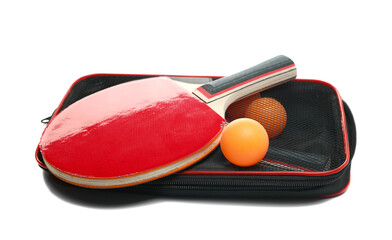 Two ping pong racket and orange balls packed in plastic bag, isolated on white background, complete...