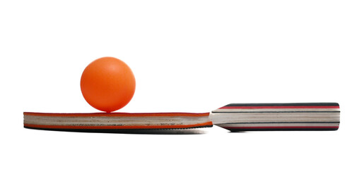 Ping pong racket with orange ball isolated on white background, sport
