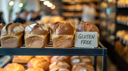 Gluten-free bread loaves displayed in a bakery and on a kitchen board, ideal for celiac diet, health, or wheat intolerance.