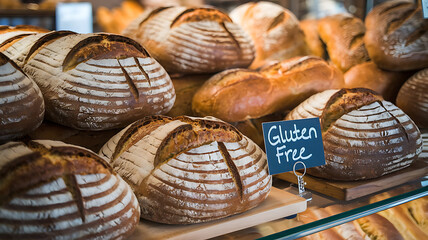 Gluten-free bread loaves displayed in a bakery and on a kitchen board, ideal for celiac diet, health, or wheat intolerance.