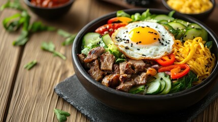 Colorful Bowl of Salad with Vegetables, Beef, and Fried Egg