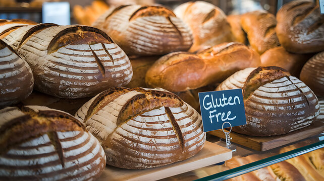 Gluten-free bread loaves displayed in a bakery and on a kitchen board, ideal for celiac diet, health, or wheat intolerance. - Powered by Adobe
